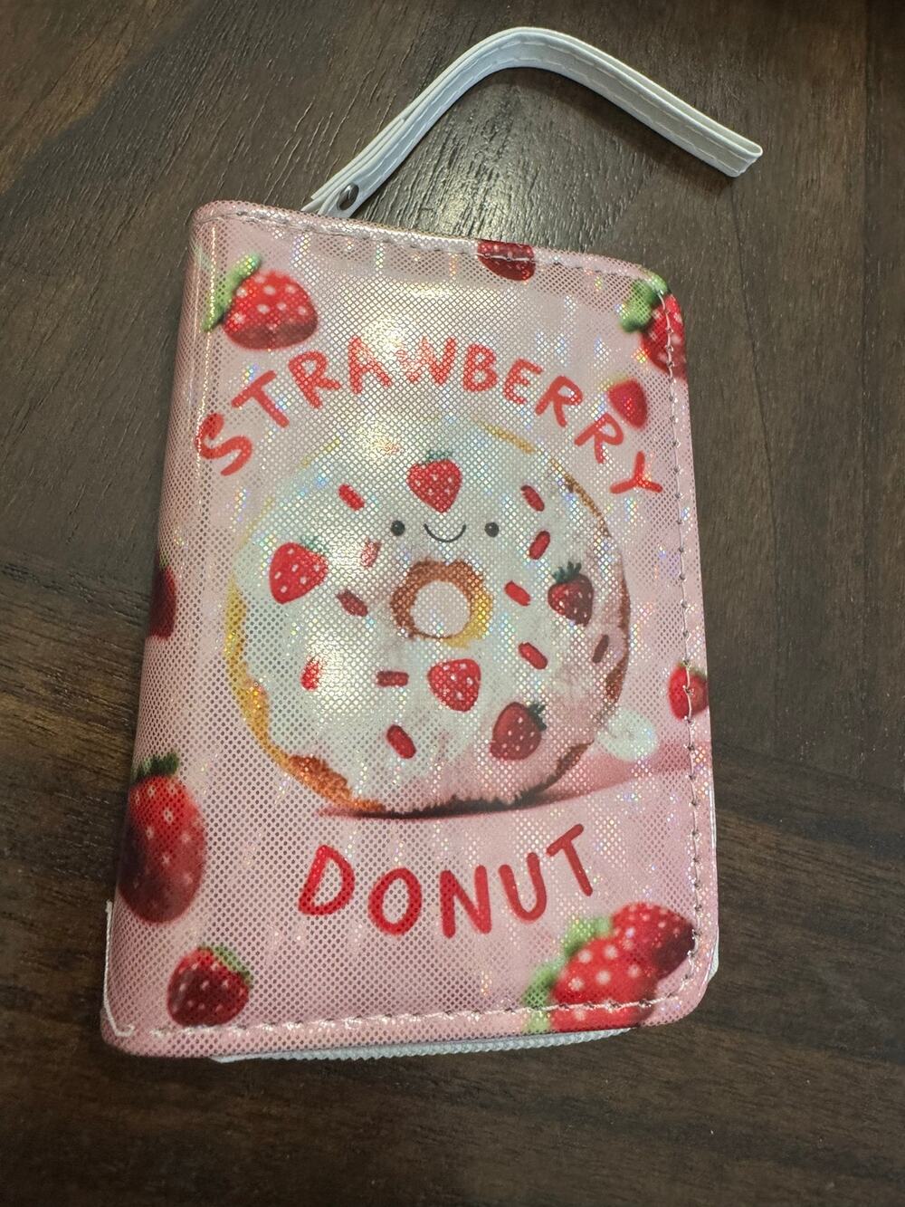 Kawaii Pink strawberry donut wallet with cute design strap zipper